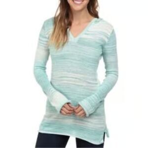 prAna | Gemma Hooded Sweater Marled Teal Green V-Neck Knit Tunic S Gorpcore Hike